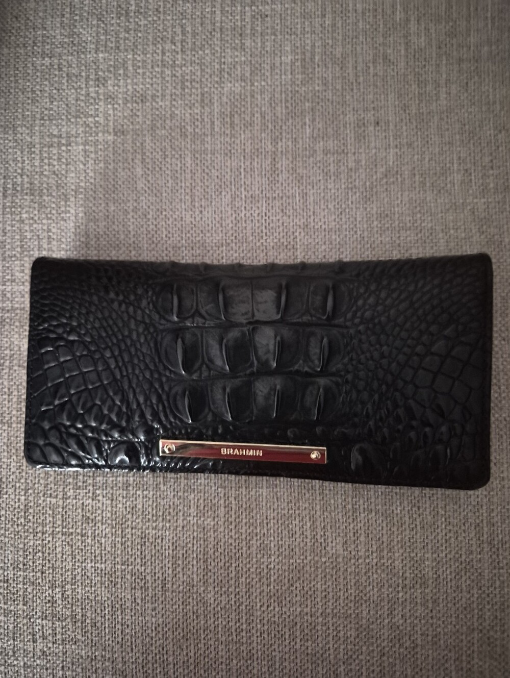 Brahmin Black Croc-Embossed Leather Wallet with Gold Plaque